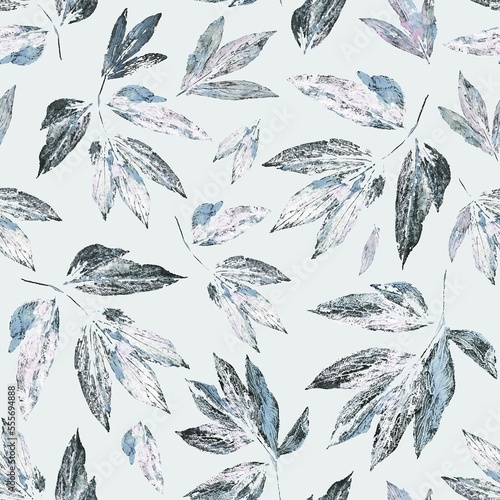 Abstract leaves, mix of prints, repeat seamless pattern. Digital hand drawing with hand painted texture. endless mixed. Background for header, image for blog, decoration. Wallpaper, textile design.