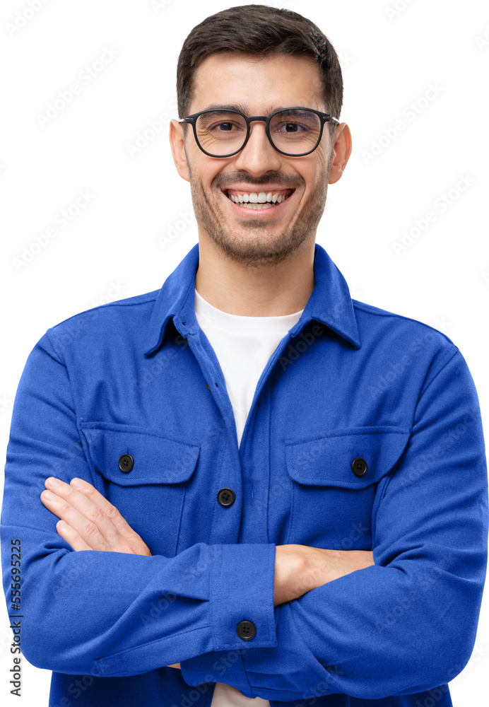 Portrait of young happy laughing man wearing blue shirt and eyeglasses, holding arms crossed Portrait of young happy laughing man wearing blue shirt and eyeglasses, holding arms crossed
