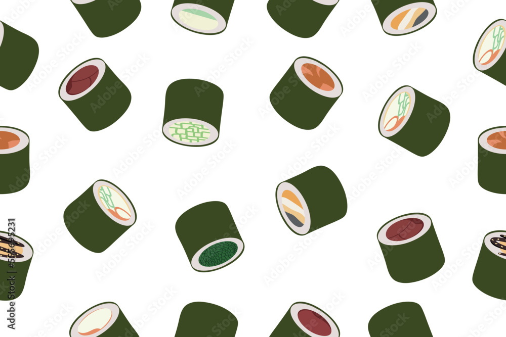 Seamless pattern of sushi rolls. Vector design of Asian cuisine isolated on a white background