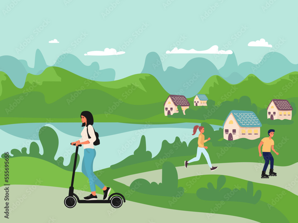 Family in park. City park activity, season walk pleisure. Happy kids woman man jumping and playing. Parents walking with children vector illustration.