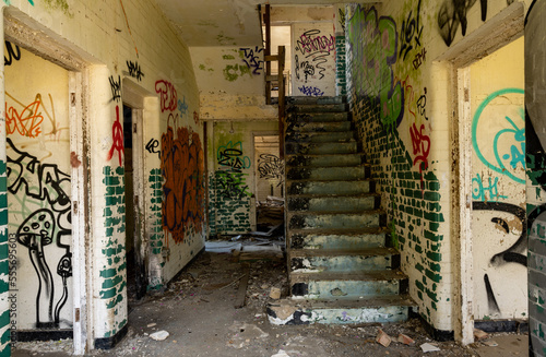 Staircase in an abandoned and vandalised building