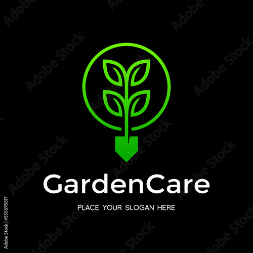 Plant care with leaf, shovel vector logo template. This graphic is suitable for ecology, tree, garden.