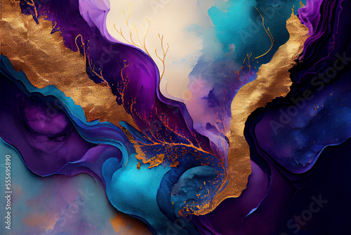 Abstract blue purple and metallic gold marble watercolor background, paint texture, created with Generative AI technology