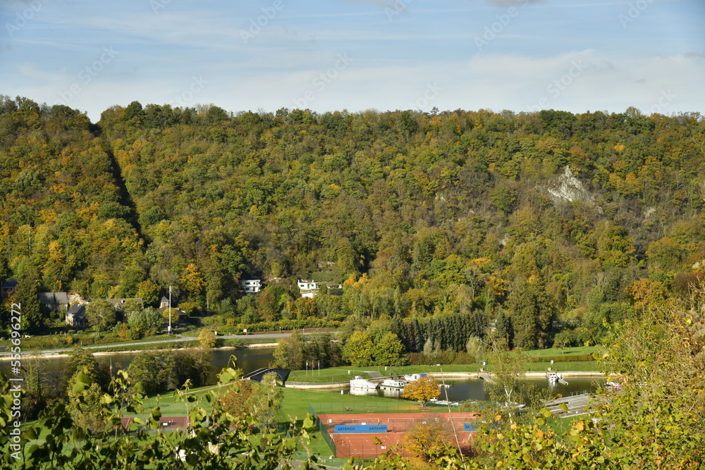 Obraz premium Collines boisées en automne bordant la Meuse à Anseremme au sud de Dinant 