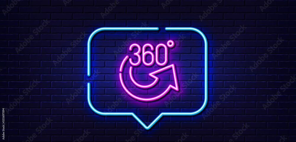 Neon light speech bubble. 360 degrees line icon. VR simulation sign. Panoramic view symbol. Neon light background. 360 degrees glow line. Brick wall banner. Vector Neon light speech bubble. 360 degrees line icon. VR simulation sign. Panoramic view symbol. Neon light background. 360 degrees glow line. Brick wall banner. Vector
