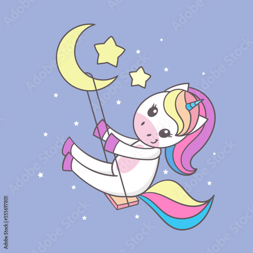Unicorn on a swing in the sky on the moon. Magic theme. For children's design of prints, posters, cards, stickers, cups and so on.Vector illustration