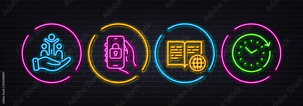 Inclusion, Internet book and Locked app minimal line icons. Neon laser 3d lights. Time change icons. For web, application, printing. Equity justice, Web page, Smartphone lock. Clock. Vector
