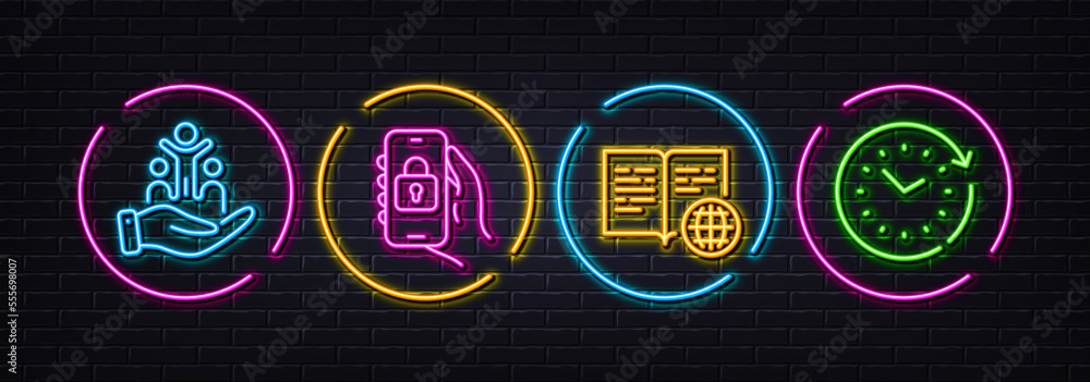 Inclusion, Internet book and Locked app minimal line icons. Neon laser 3d lights. Time change icons. For web, application, printing. Equity justice, Web page, Smartphone lock. Clock. Vector Inclusion, Internet book and Locked app minimal line icons. Neon laser 3d lights. Time change icons. For web, application, printing. Equity justice, Web page, Smartphone lock. Clock. Vector