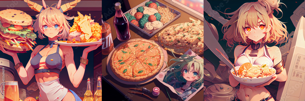 Anime style illustration of food and girls