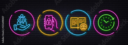 Inclusion, Internet book and Locked app minimal line icons. Neon laser 3d lights. Time change icons. For web, application, printing. Equity justice, Web page, Smartphone lock. Clock. Vector