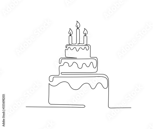 Continuous one line drawing of birthday cake with candles. Party, anniversary and celebration concept. Minimalism Hand drawn vector illustration.