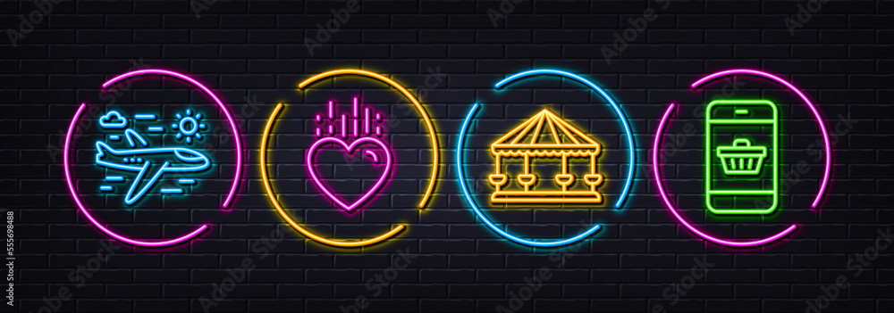 Heart, Airplane travel and Carousels minimal line icons. Neon laser 3d lights. Smartphone buying icons. For web, application, printing. Love, Trip flight, Attraction park. Website shopping. Vector