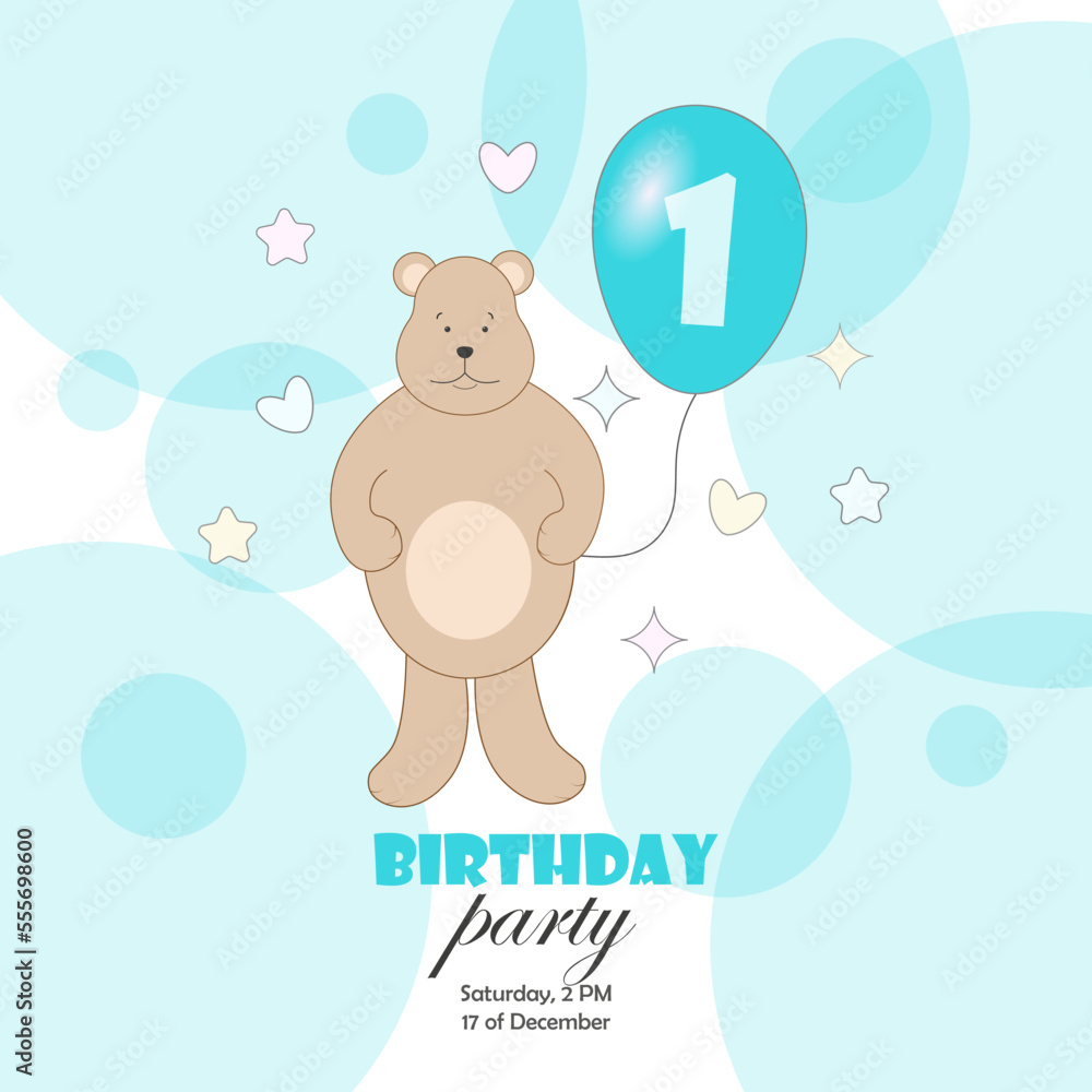 A postcard, an invitation to a birthday party with a bear and a blue balloon with the number 1. Vector illustration A postcard, an invitation to a birthday party with a bear and a blue balloon with the number 1. Vector illustration