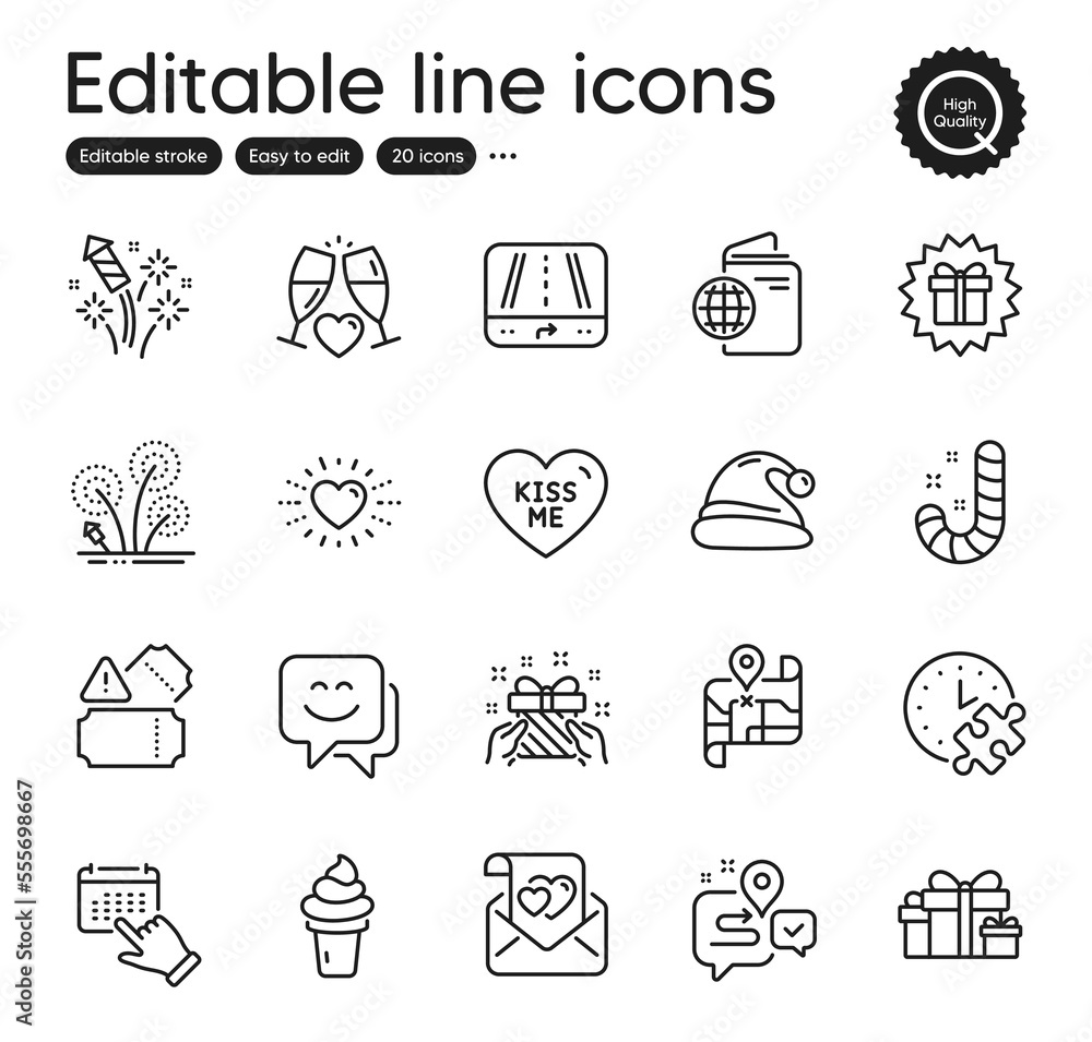 Set of Holidays outline icons. Contains icons as Smile face, Surprise gift and Ice cream elements. Wedding glasses, Event click, Love letter web signs. Santa hat, Puzzle time, Candy elements. Vector Set of Holidays outline icons. Contains icons as Smile face, Surprise gift and Ice cream elements. Wedding glasses, Event click, Love letter web signs. Santa hat, Puzzle time, Candy elements. Vector
