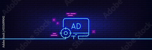 Neon light glow effect. Seo adblock line icon. Search engine optimization sign. Target symbol. 3d line neon glow icon. Brick wall banner. Seo adblock outline. Vector