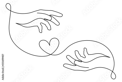 Hands with heart one line art, love concept continuous contour drawing, hand-drawn. Romance, engagement and marriage symbol. Editable stroke.Isolated.Vector illustration