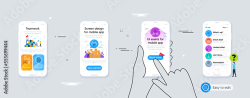 Set of Shipping support, Fingerprint and Safe time line icons. Phone ui interface. Include Teamwork, Fair trade, Group people icons. Bitcoin project, Smile, Face protection web elements. Vector