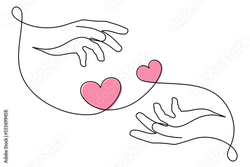 Hands with heart one line art, love concept continuous contour drawing, hand-drawn. Romance, engagement and marriage symbol. Editable stroke.Isolated.Vector illustration