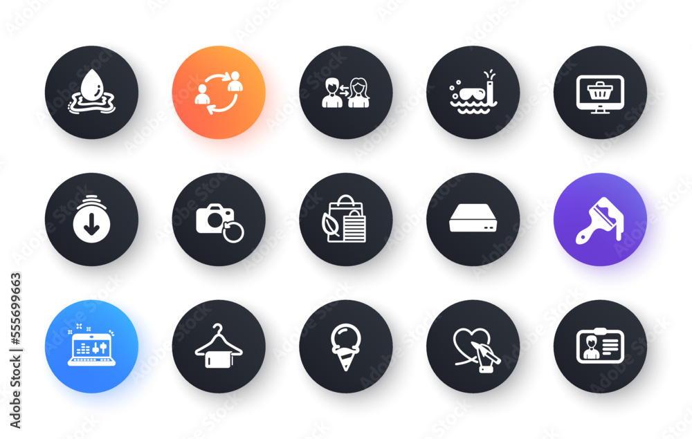 Minimal set of Social care, Bio shopping and Sound check flat icons for web development. Brush, Water splash, Scuba diving icons. Mini pc, Web shop, Recovery photo web elements. Vector