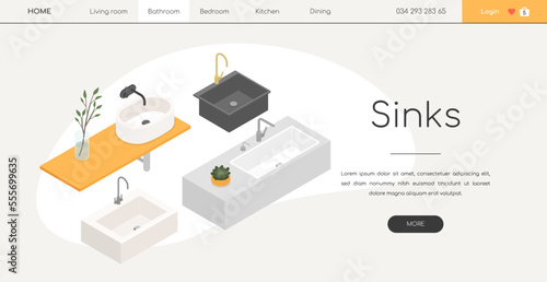 Sinks in bathroom and kitchen - line design style isometric web banner