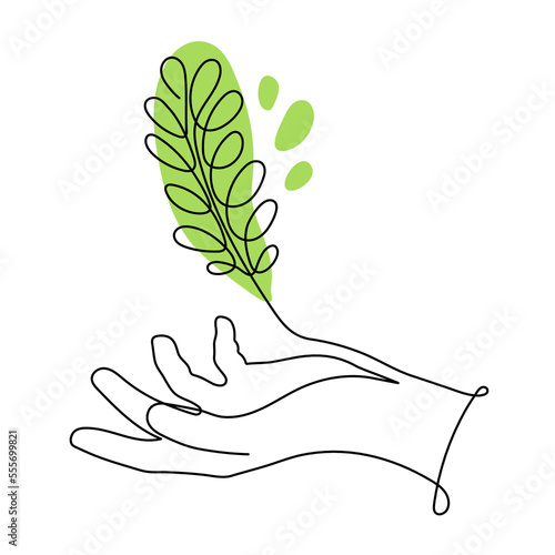 Hand holds branch with leafs,one line art,hand drawn continuous contour.Green energy idea concept.Sign of environmental friendliness.Decoration for banners,stories,posters.Editable stroke.Isolated