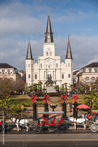 New Orleans, US; December 9 of 2022: Beautiful Jackson Square and the St. Louis Cathedral.