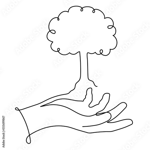 Hand holds tree,one line art,hand drawn continuous contour.Green energy idea concept.Sign of environmental friendliness.Decoration for banners,stories,posters.Editable stroke.Isolated
