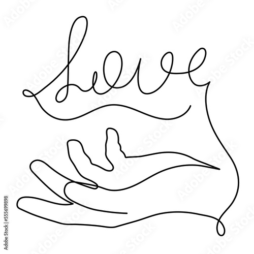 Hand with love word one line art, concept continuous contour drawing, hand-drawn. Romance, engagement and marriage symbol. Editable stroke.Isolated.Vector illustration