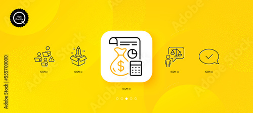 Lawyer, Approved message and Startup minimal line icons. Yellow abstract background. Teamwork, Accounting icons. For web, application, printing. Court judge, Accepted chat, Innovation. Vector