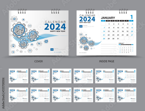 Creative calendar 2024 Set template, Set of 12 Months, desk calendar 2024, Planner, Week starts on Sunday, Stationery design, Wall calendar 2024 template, printing,  machinery cover design, vector