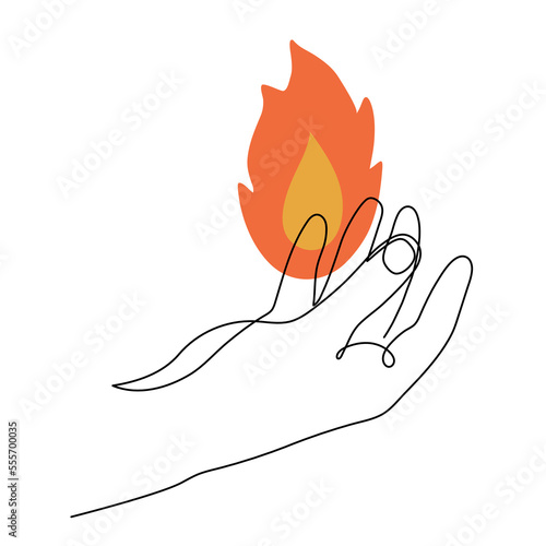 Hand holds fire flame one line art, hand drawn burning balefire. Glowing bonfire continuous contour. Minimalistic art drawing. Editable stroke. Isolated. Vector illustration