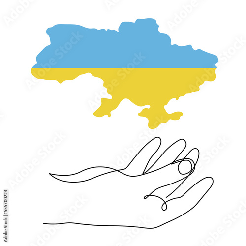 Hand holds Ukraine map outline one line art, hand drawn national blue-yellow sign of independence continuous contour. Minimalistic symbol of peace and freedom, art drawing. Editable stroke. Isolated