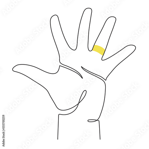 Hand with ring one line art, love and marriage concept continuous contour drawing, hand-drawn. Bridal, nuptials, engagement symbol. Editable stroke.Isolated.Vector illustration