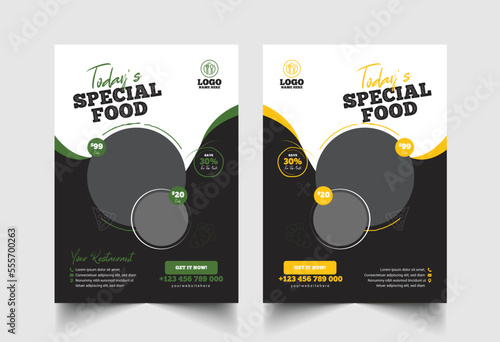 Food Flyer Design Template cooking, cafe and restaurant menu, food ordering, junk food. Pizza, Burger, French fries, and Soda. Vector illustration for banner, poster, flyer, cover, menu, and brochure.