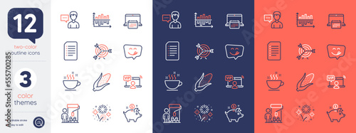 Set of Yummy smile, Document and Target line icons. Include Fireworks, Person talk, Coffee cup icons. Calendar, Painter, Vip access web elements. Saving money, Corn, Diagram chart. Emoticon. Vector