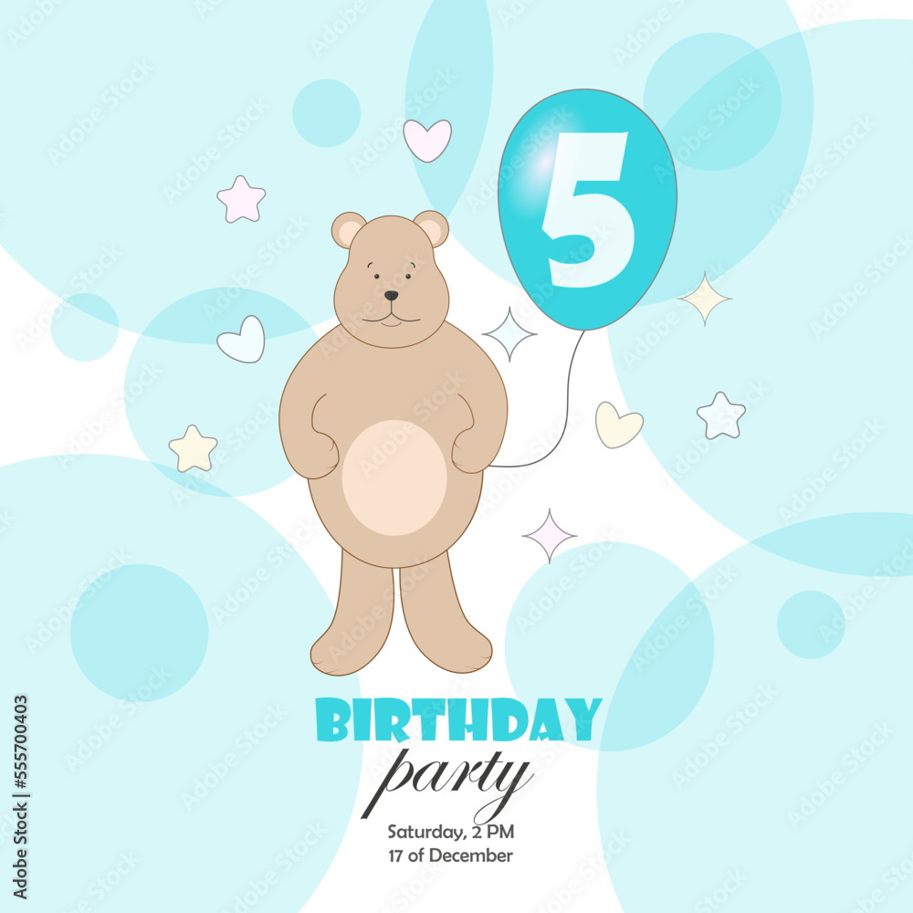 A postcard, an invitation to a birthday party with a bear and a blue balloon with the number 5. Vector illustration A postcard, an invitation to a birthday party with a bear and a blue balloon with the number 5. Vector illustration