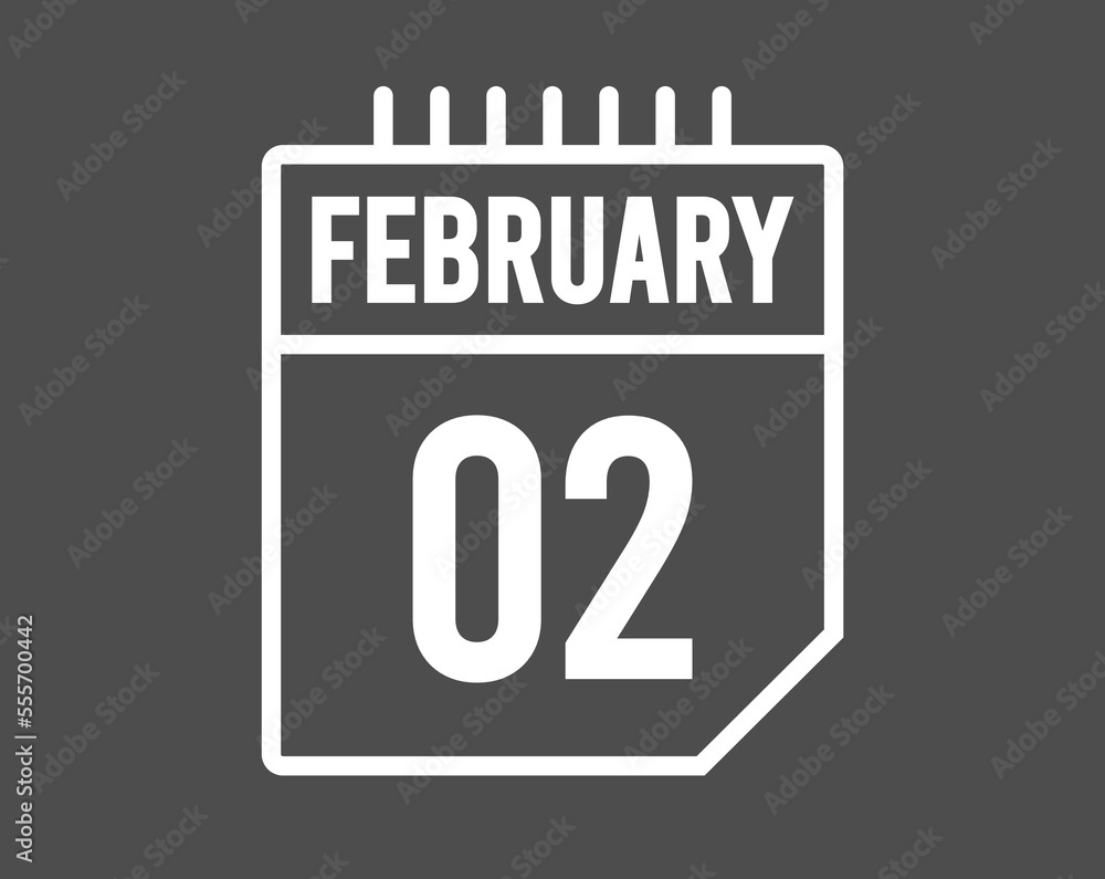 2 February day calendar white. Calendar vector for February on dark isolated background. 2 February day calendar white. Calendar vector for February on dark isolated background.