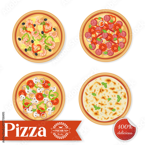 Pizza flat icons set isolated on white top view set Pizza. Vector design element for website page and useful applications