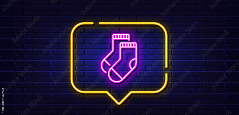 Neon light speech bubble. Socks line icon. Underwear clothing sign. Feet accessory symbol. Neon light background. Socks glow line. Brick wall banner. Vector Neon light speech bubble. Socks line icon. Underwear clothing sign. Feet accessory symbol. Neon light background. Socks glow line. Brick wall banner. Vector