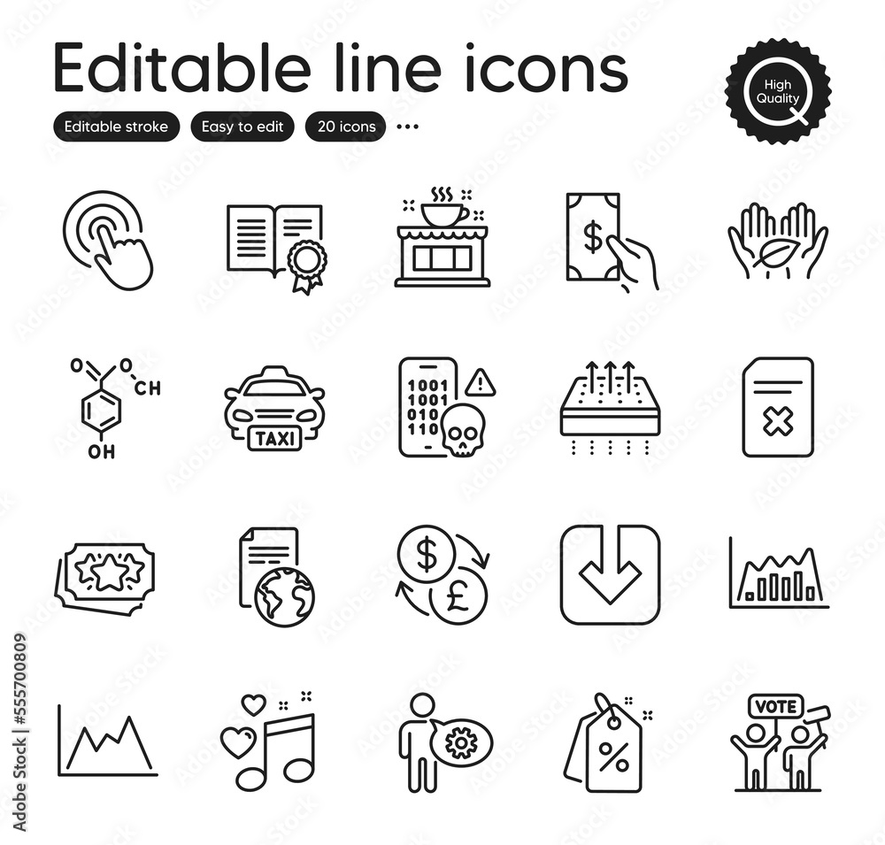 Set of Business outline icons. Contains icons as Discount tags, Voting campaign and Infographic graph elements. Click, Fair trade, Load document web signs. Chemical formula, Diploma. Vector Set of Business outline icons. Contains icons as Discount tags, Voting campaign and Infographic graph elements. Click, Fair trade, Load document web signs. Chemical formula, Diploma. Vector
