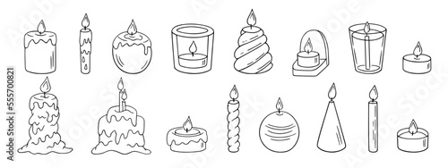 Candles doodle,power outage lighting.Decoration for birthday party,romantic Valentine's Day dinner.Festive hand-drawn candlelight with wick and wax,for creating a special atmosphere.Isolated.Vector