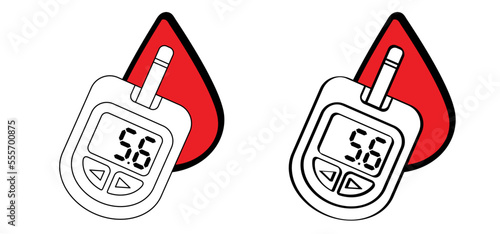 Glucose meter or glucometer. Blood sugar test, level on display. World diabetes day. People on unhealthy with overweight, obesity. Human hands and lifted up index. Finger and drops of blood. 