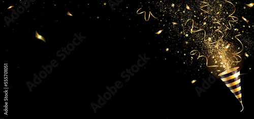 Greeting Horizontal Banner with Explosion Party Popper with Gold Confetti