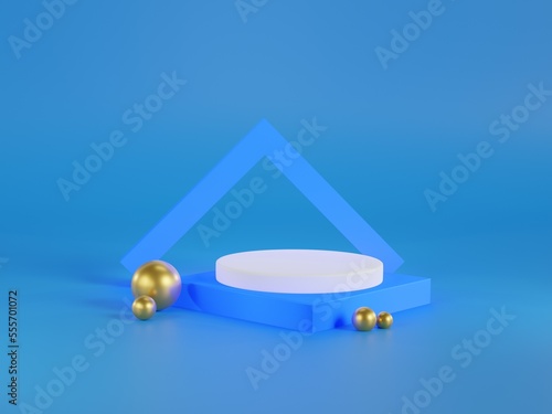 3d render Podium for products with blue and gold abstract background. photo