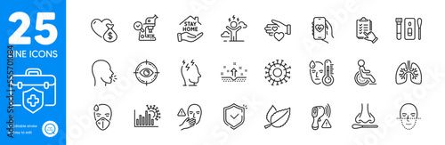 Outline icons set. Stay home, Fever and Volunteer icons. Sick man, Difficult stress, Coronavirus web elements. Donation, Eye target, Covid test signs. Checklist, Disability, Nasal test. Vector