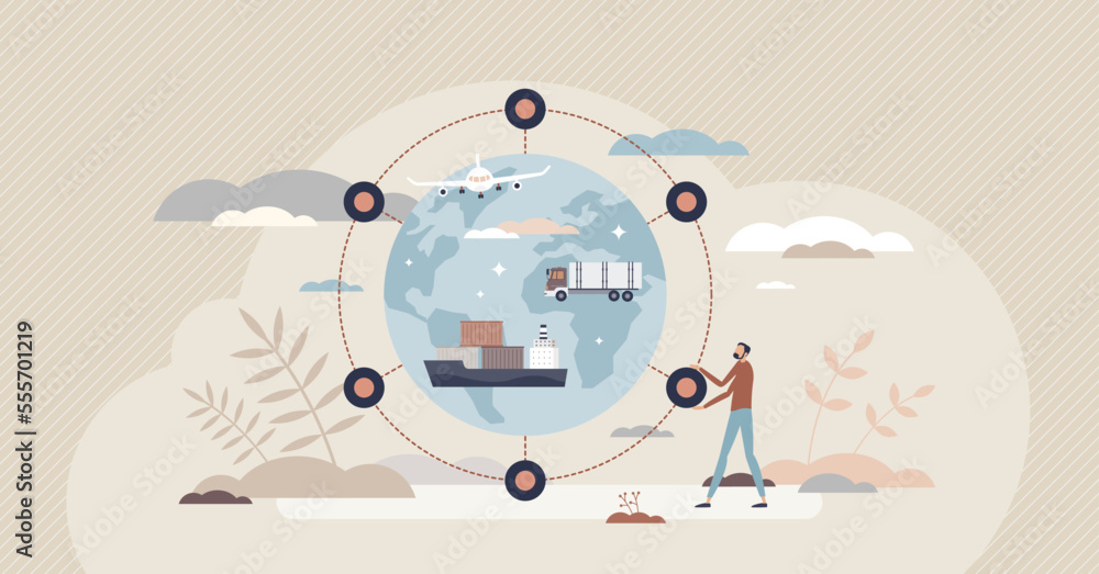 International distribution and global shipping service tiny person concept. Freight cargo carrier company with worldwide export connections using air, sea or land transportation vector illustration.