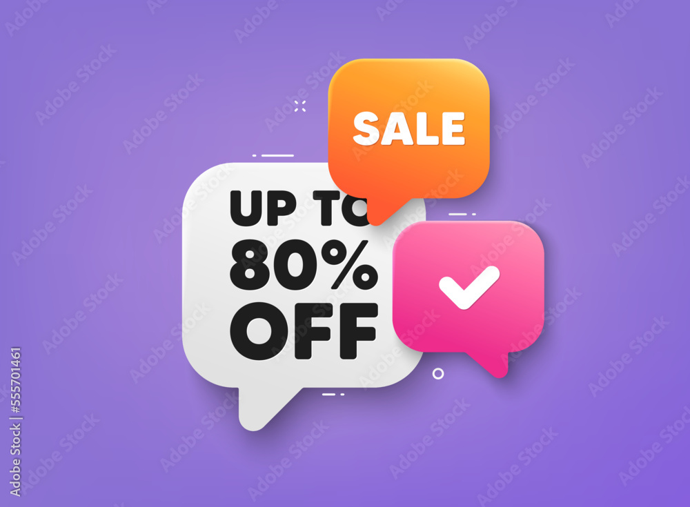 Up to 80 percent off sale. 3d bubble chat banner. Discount offer coupon. Discount offer price sign. Special offer symbol. Save 80 percentages. Discount tag adhesive tag. Promo banner. Vector Up to 80 percent off sale. 3d bubble chat banner. Discount offer coupon. Discount offer price sign. Special offer symbol. Save 80 percentages. Discount tag adhesive tag. Promo banner. Vector