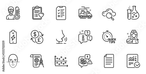 Outline set of Nurse, Face recognition and Divider document line icons for web application. Talk, information, delivery truck outline icon. Include Cloud computing, Patient history, File icons. Vector