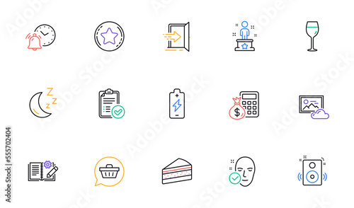 Battery charging, Speakers and Loyalty star line icons for website, printing. Collection of Alarm clock, Finance calculator, Approved report icons. Entrance, Photo cloud, Success web elements. Vector