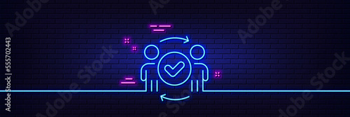 Neon light glow effect. Approved teamwork line icon. Accepted team sign. Human resources symbol. 3d line neon glow icon. Brick wall banner. Approved teamwork outline. Vector